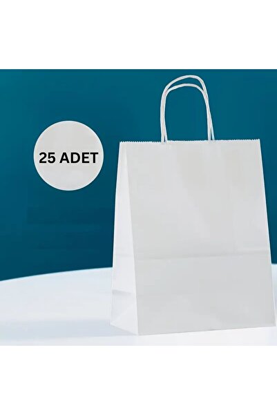 roco paper Büküm Saplı Kağıt Poşet Çanta 8x18x24 cm – Hediye ve Alışveriş Çantası, 25 Adet, Beyaz Renk