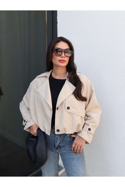 ESRAHELVACI Kruvaze Yaka Düğmeli Kısa Trench