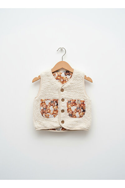Magu Unisex Children's Cream Plush Teddy Patterned Buttoned Vest with Pockets