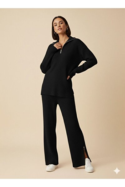 dwnwear Women's Ribbed Collar Zippered Knitwear Set