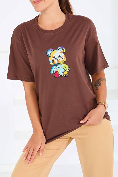 TOFİSA Μπλουζάκι με στάμπα και κοντά μανίκια καφέ - 27545