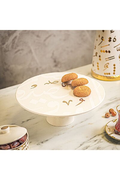 LA MESA حامل كيك من البورسلين الأبيض مع زخارف خطية