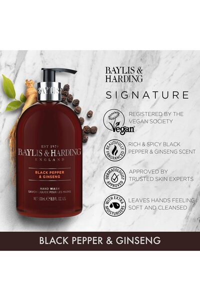 Baylis & Harding غسول اليدين بالفلفل الأسود والجينسنغ، ٥٠٠ مل | غني بالفيتامينات | عطر مسكيّ ورجولي