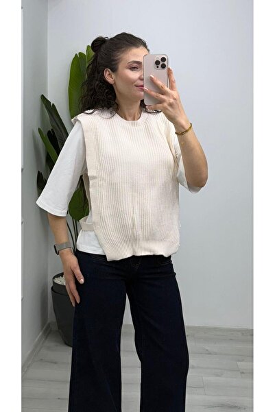 TUNAM BUTİK 1334 Knitwear Sweater Detailed Double T-Shirt Set Ecru