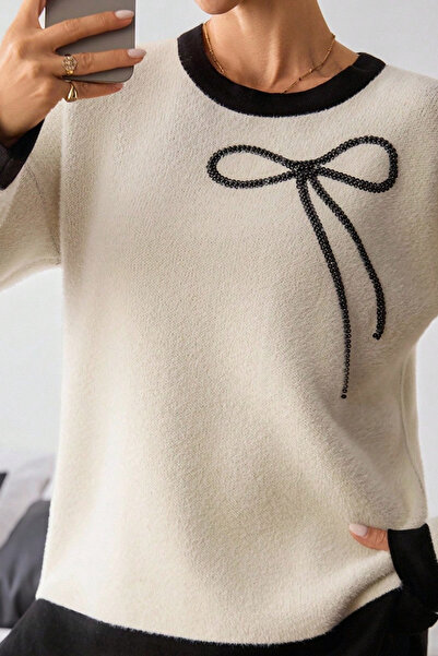 H&E LUXURY DESIGN Pulover de tricotat pentru femei, cu model de fundă crem, cu textura moale, cu pene, negru