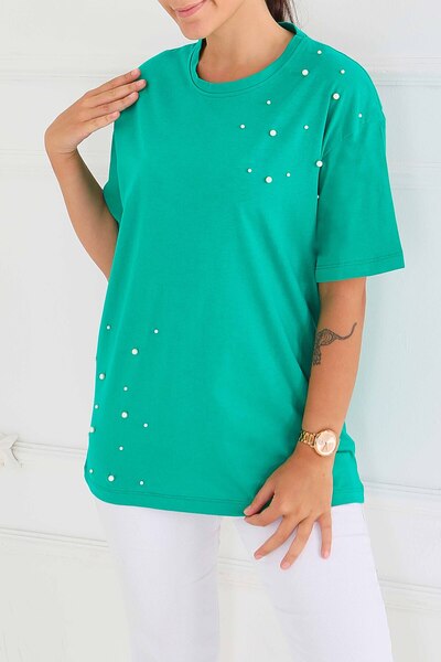 TOFİSA Πράσινο κοντομάνικο μπλουζάκι με πέρλες - 27543