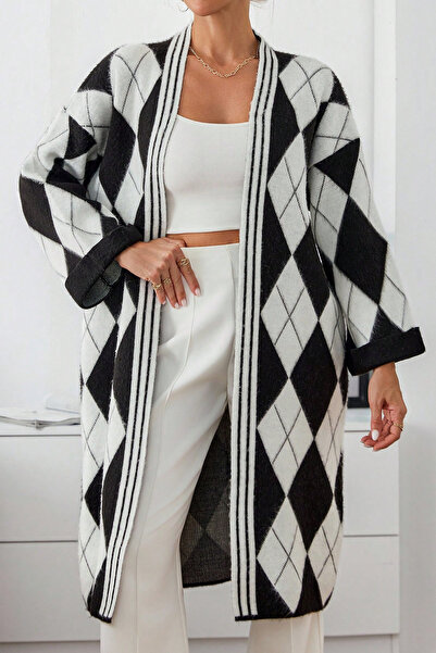 H&E LUXURY DESIGN Women's “Black and White Feathered Soft Textured Diamond Pattern Long Loose Knit Cardigan”
