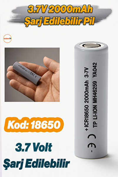 Badem10 1CR 18650 Gri Şarjlı Batarya Pil 3.7V 2000 mAh Li-Ion Uzun Ömürlü Yük...