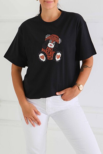 TOFİSA Μπλουζάκι με στάμπα και κοντά μανίκια, μαύρο - 27573