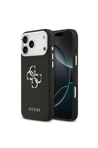 Guess iPhone 17 Pro Max Kılıf Lisanslı Metal Kamera Çerçeveli Büyük 4G ve Yazı Logolu PU Deri Siyah