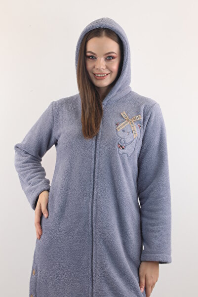Wild Love %100 Bambu Kadın Kapüşonlu Nakışlı Fermuarlı Sabahlık / Bornoz