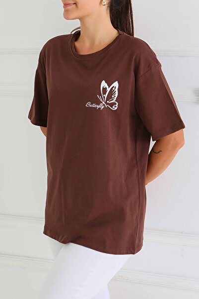 TOFİSA Μπλουζάκι με στάμπα και σχέδιο πέτρας - Καφέ - 27567