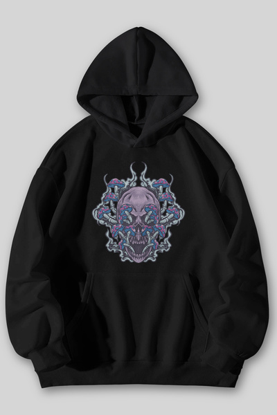 Harmandar Φούτερ με κουκούλα με στάμπα BlueMushroom, μαύρο, με τσέπη καγκουρό