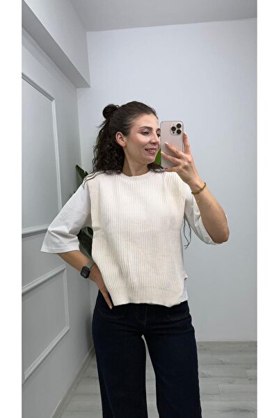 TUNAM BUTİK 1334 Knitwear Sweater Detailed Double T-Shirt Set Ecru