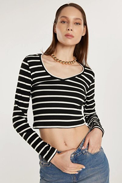 TENA Women's Black-Ecru Long Sleeve Wide Neck Striped Blouse