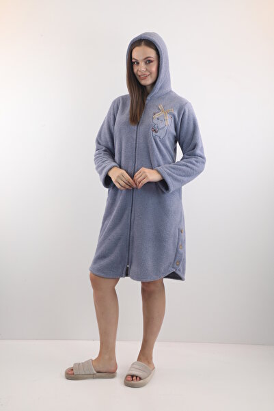 Wild Love %100 Bambu Kadın Kapüşonlu Nakışlı Fermuarlı Sabahlık / Bornoz