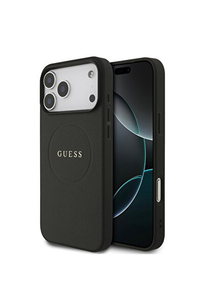Guess iPhone 17 Pro Max Uyumlu Kılıf Lisanslı M-safe Şarj Özellikli Yazı Logolu PU Deri Kapak Siyah