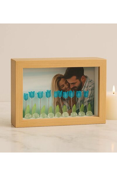 Bk Gift Kişiye Özel Fotoğraflı Ahşap Led Işıklı Laleli Fotoğraf Çerçevesi, Ev...