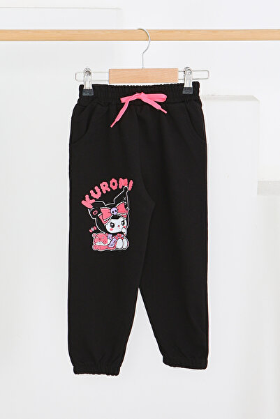 TOFİSA Girl's Black Elastic Waist Printed Combed Cotton Sweatpants - 27688