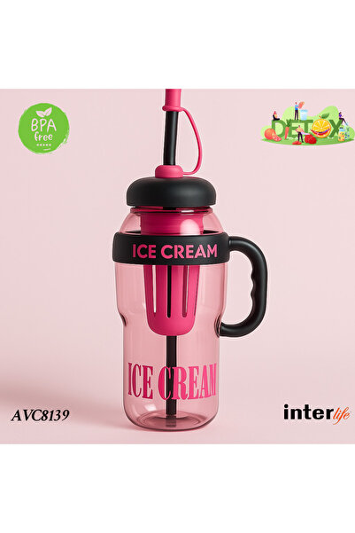 İnterlife İce Cream Yazılı Detoks Su Şişesi FİLTRELİ BAŞLIK Pipetli Kulplu Hafif ve Sızdırmaz BİG MUG 1300 ML