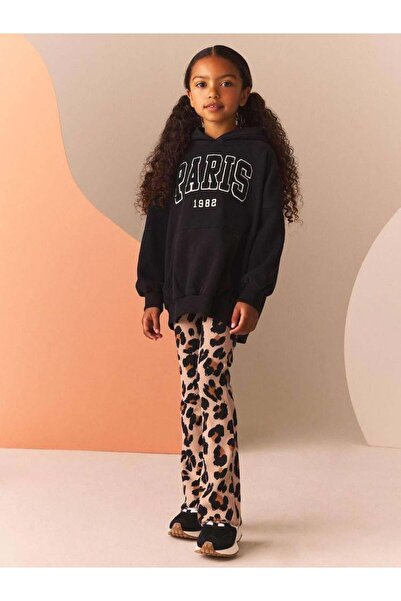 Magu طقم بنطلون بنقشة الفهد مع سترة قطنية سوداء بقلنسوة للفتيات