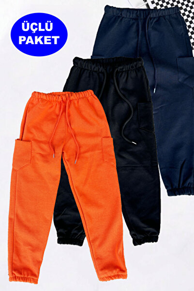 twins tailors Πακέτο 3 τεμαχίων Unisex Παιδικές φόρμες με ελαστικό πάτο με φλις εσωτερικά σε μαύρο-μπλε-πορτοκαλί χρώμα