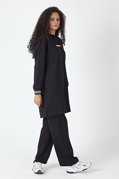 Basicpark Black Women's Ribbed Wide-Leg Pants with Slit Hem and Print Detail Sweatshirt Bottom-Top Set