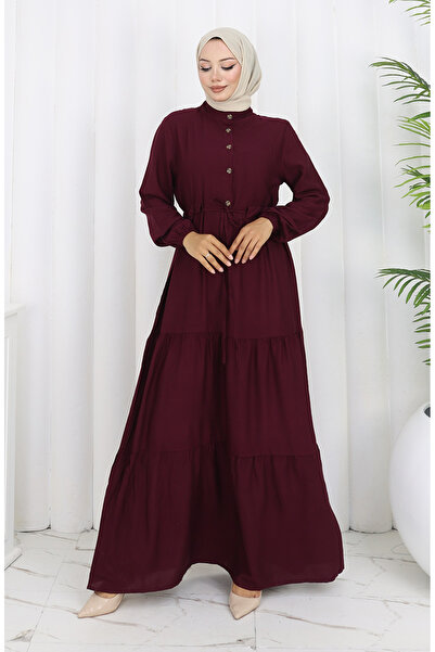 sefamerve Yarım Düğmeli Beli Bağcıklı Elbise 2154-02 Mürdüm