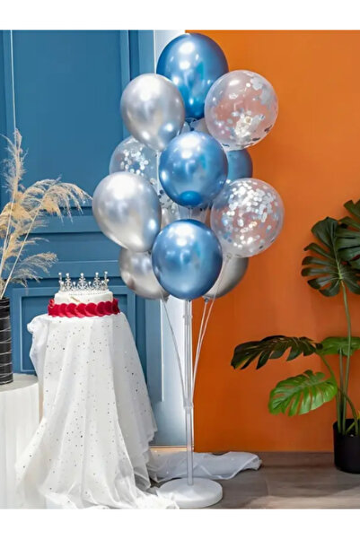 parti kral Mavi Gümüş Şeffaf Balonlu 13 lü Balon Standı