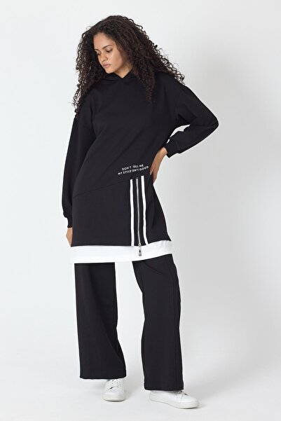 Basicpark Black Women's Skirt with Single Jersey Print Detail, Zipper Closure, Hooded Cotton Knitted Top and Bottom Set
