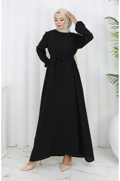 sefamerve Kuşaklı Kolu Lastikli Elbise 2153-01 Siyah