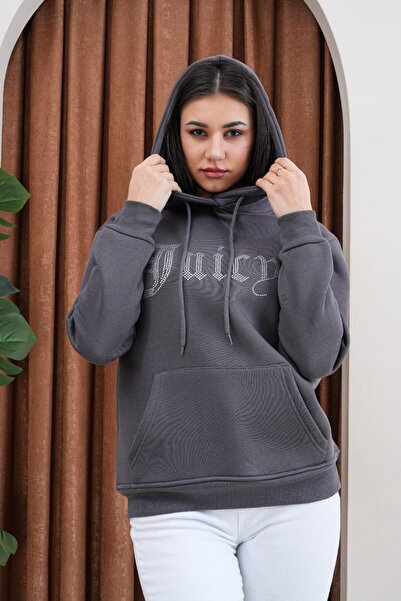 jansogroup - Stone-Embellished Hooded Oversize Sweatshirt Plus Size