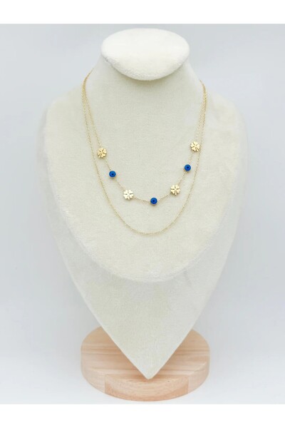 Miruva Altın Renkli Çelik Zincir Nazar Boncuklu & Yonca Detaylı İkili Kolye