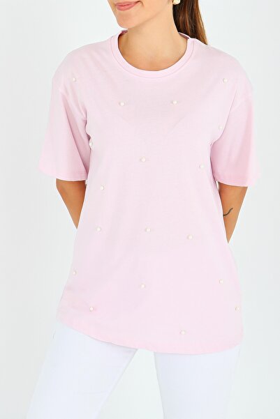 TOFİSA Μπλουζάκι με κοντά μανίκια και πέρλες, ροζ - 27544