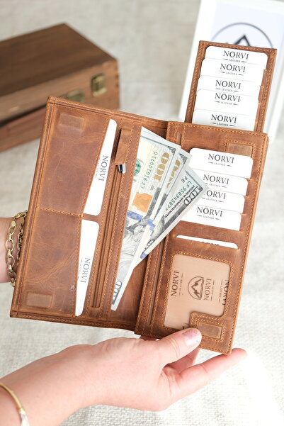 Norvi Leather محفظة جلدية أصلية مغناطيسية مع حجرة للهاتف باللون البني