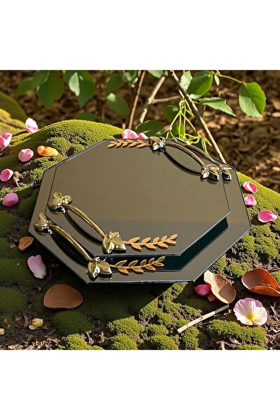 Online Home Market 2-Piece Promise or Engagement Ring, Gold-Silver Leaf-Shaped for Coffee Serving. Square-Hexagonal Shaped Glass Tray