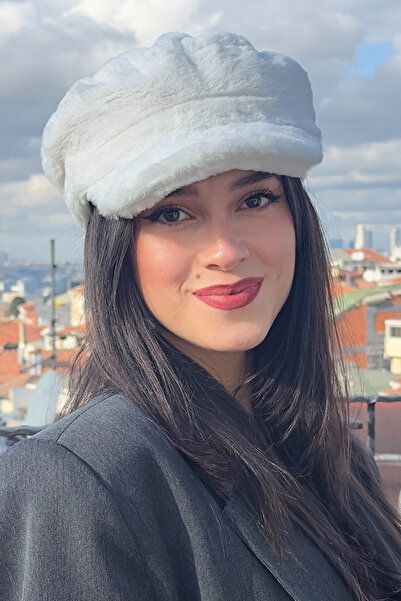 Mavelle Women's White Plush Hat |   Captain Hat |   Faux Fur Hat |   Fashion Hat