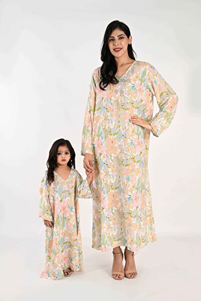 LINELLE جلابية أطفال - ماكسي رايون بطبعة زهور باستيل مع تفاصيل تطريز