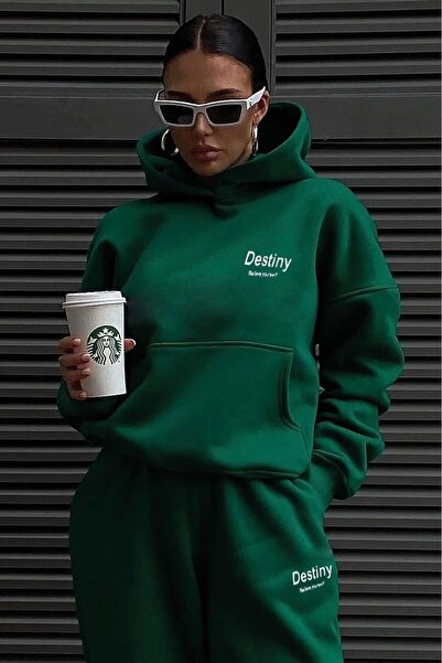 NoVibe Set de trening oversize verde cu imprimeu Destiny pentru femei de mări...