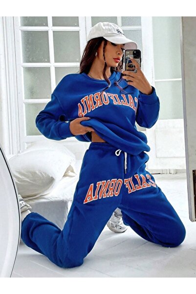 NoVibe Trening cu guler rotund albastru cu imprimeu portocaliu California cu 3 fire