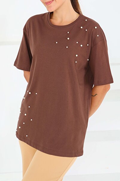 TOFİSA Μπλουζάκι με κοντά μανίκια και πέρλες καφέ - 27543