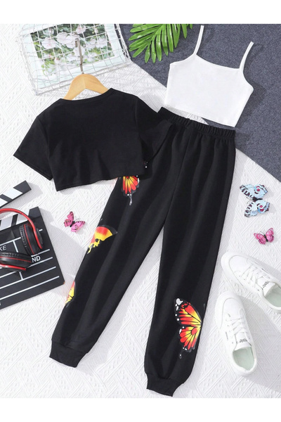 NoVibe Kids 3-Piece Summer Tracksuit Set - Butterfly Patterned - Crop - Straps - Sweatpants