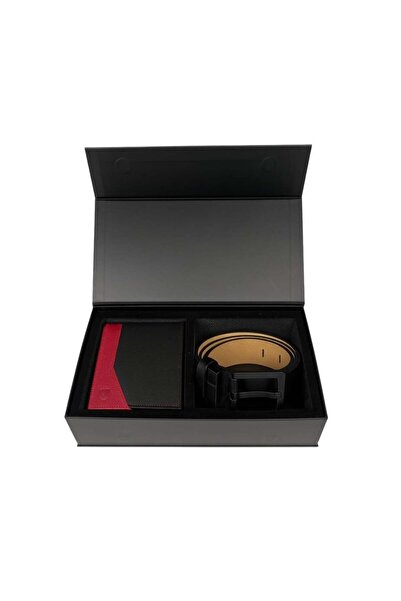 delis Gift set for men, Wallet + Belt, natural leather, elegant model, Black/red, SET5