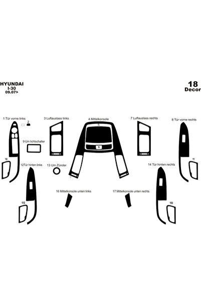 Marscockpitdesign هيونداي i30 مطلي بالألمنيوم 2008 18 قطعة