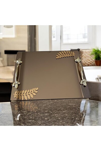 Online Home Market 2-Piece Promise or Engagement Ring, Gold-Silver Leaf-Shaped for Coffee Serving. Square-Hexagonal Shaped Glass Tray