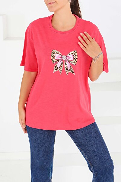 TOFİSA Μπλουζάκι με στάμπα και κοντά μανίκια φούξια - 27576