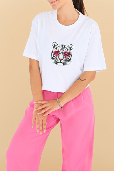 TOFİSA Μπλουζάκι με στάμπα και κοντά μανίκια, λευκό - 27571