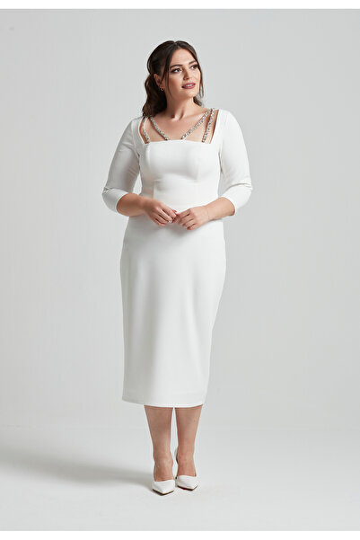 Moda Alba Βραδινό φόρεμα αρραβώνων-γάμου με πέτρες στο λαιμό και ρίγες, μήκους midi, λευκό, μεγάλο μέγεθος