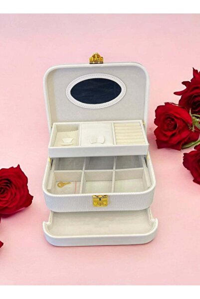 general brand صندوق مجوهرات نسائي مزود بقفل - منظم مجوهرات كبير من الجلد بثلاث طبقات للخواتم والأقراط والقلائد