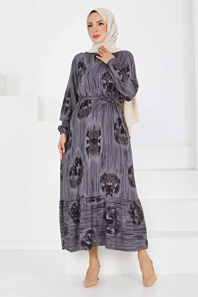 TOFİSA Patterned Belted Dress Gray - 27558